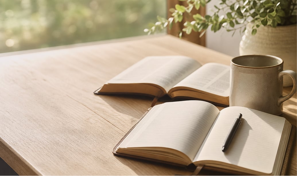 An open Bible and prayer journal on a sunlit table