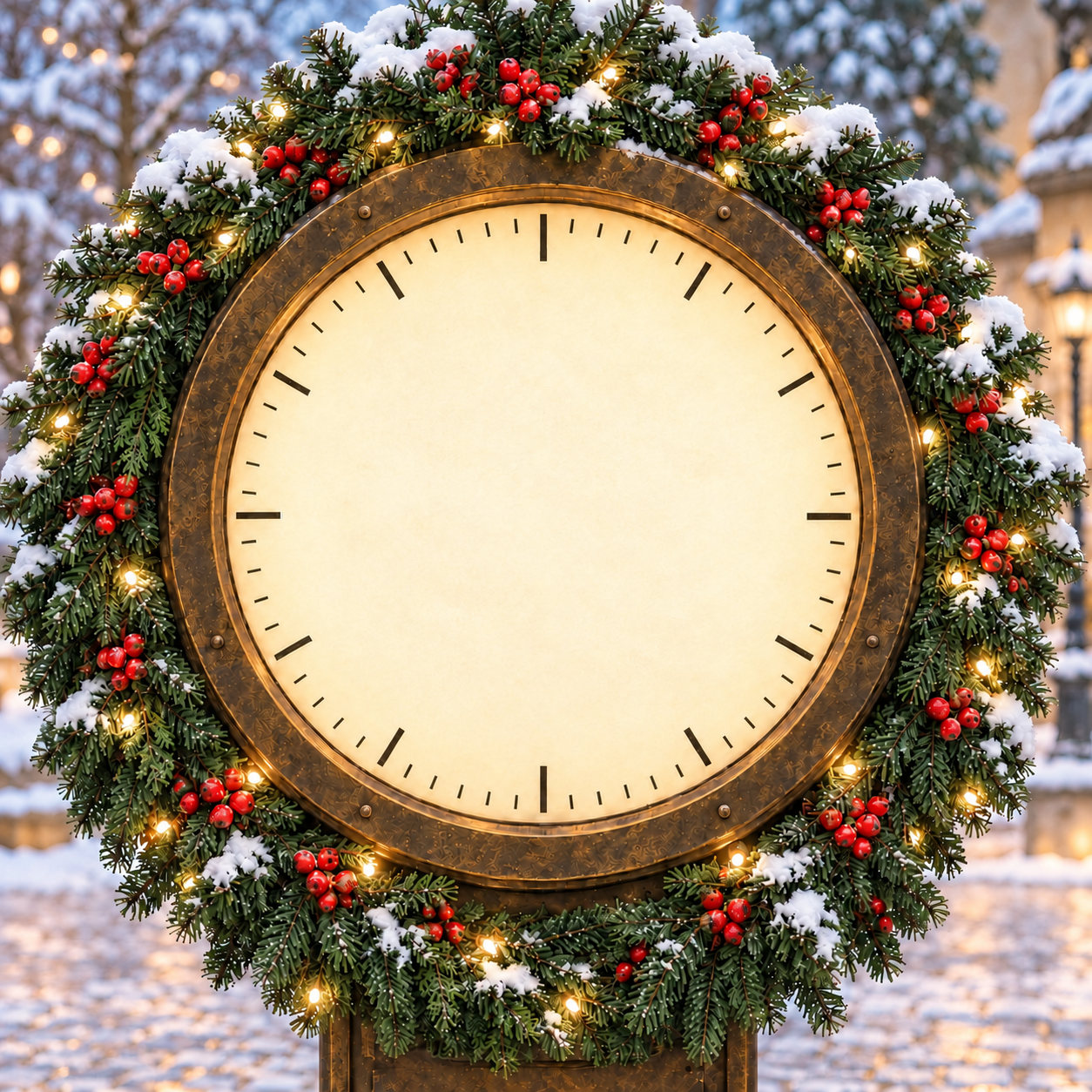 A weathered bronze Christmas clock with natural evergreen garland, a burgundy bow and a sturdy stone plinth in the town square