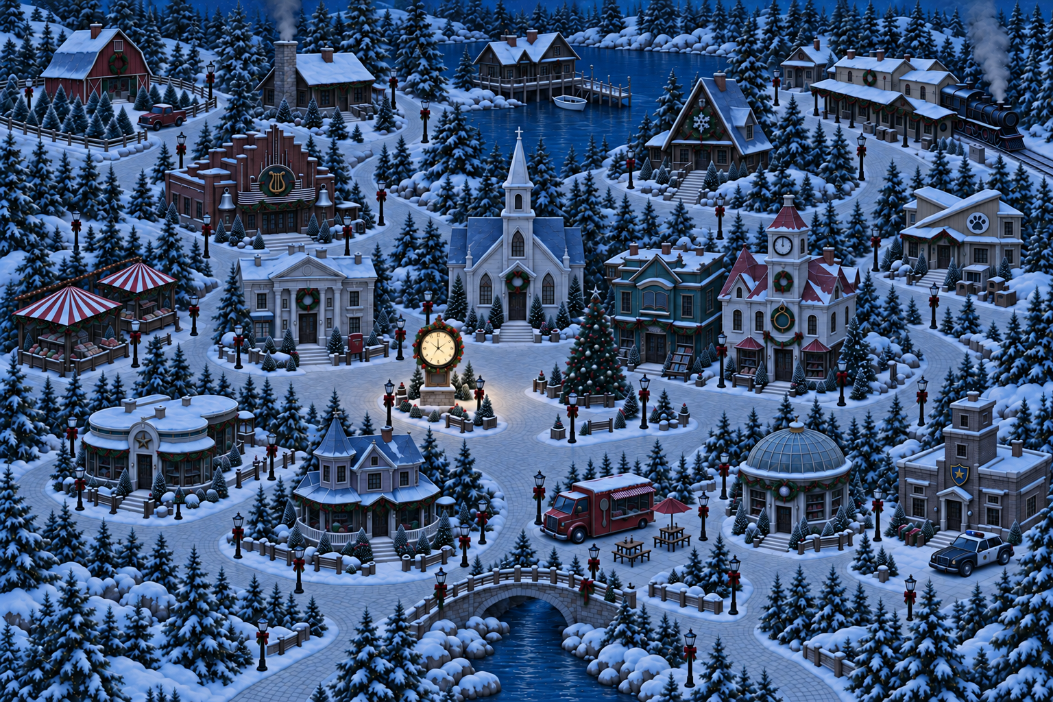 A nostalgic Christmas town at night, with eighteen distinct movie destinations gathered around a central church